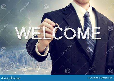 Business Man Writing Welcome Stock Photo Image Of Greeting People