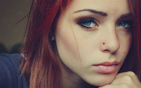 Women Model Face Redhead Blue Eyes Pierced Nose Freckles Wallpaper