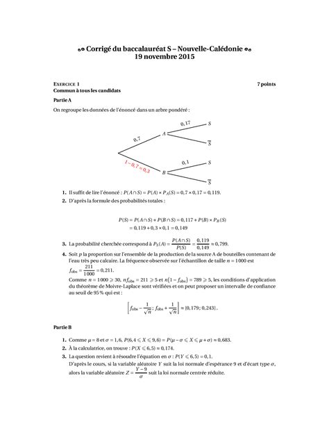 Annale Maths Bac S Nouvelle Calédonie novembre 2015 Corrigé AlloSchool