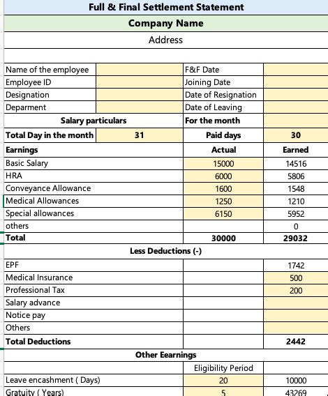 Full And Final Settlement Format In Excel With Calculations