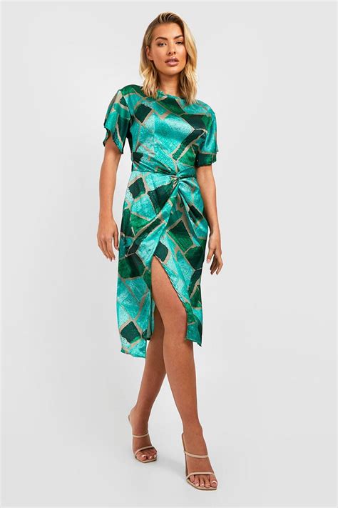 Womens Abstract Printed Satin Twist Midi Dress Boohoo Uk