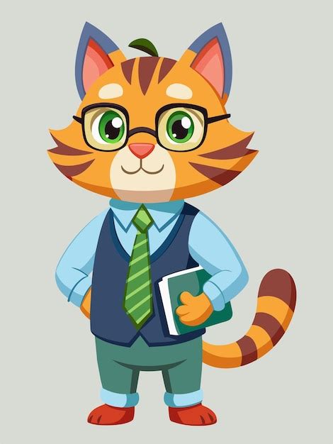 A Cartoon Drawing Of A Cat Wearing A Tie And Holding A Book Premium