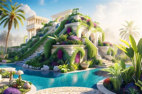 Premium AI Image | Babylonian ziggurat with hanging gardens with lots of vegetation