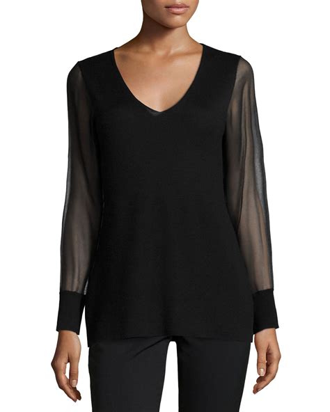 Neiman Marcus Cashmere Sheer Sleeve V Neck Top In Black Lyst