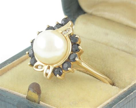Pearl Sapphire Diamond Ring - 14K Yellow Gold Akoya Pearl Marquise