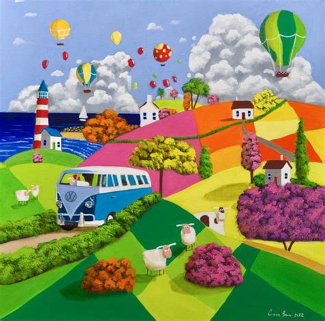 Vw Camper Van Sheep And Cow Naive Art Landscape Oil Painting By