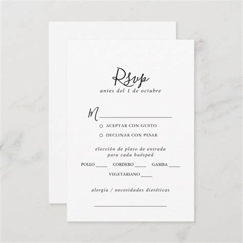 a white wedding rsp card with black ink on the front and bottom, in spanish