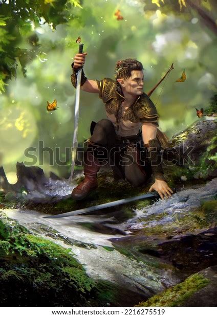 Elven Warrior Golden Armor Sits On Stock Illustration 2216275519