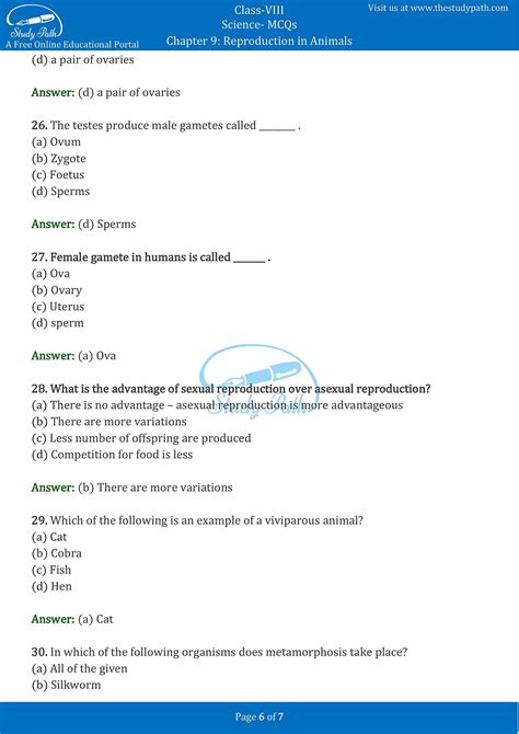 Class 8 Science Chapter 9 Reproduction in Animals MCQ with Answers