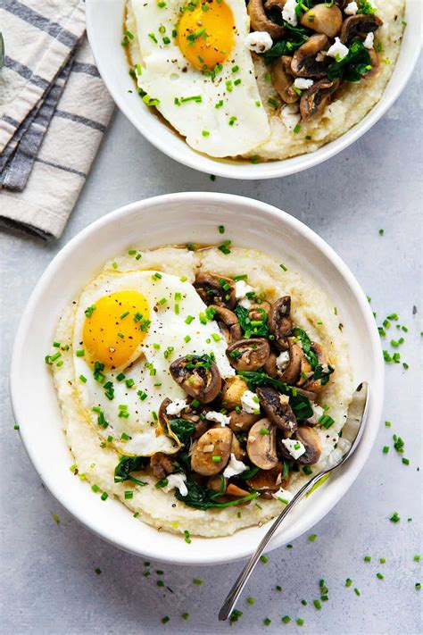 Goat Cheese Grits With Garlic Butter Mushrooms And Spinach