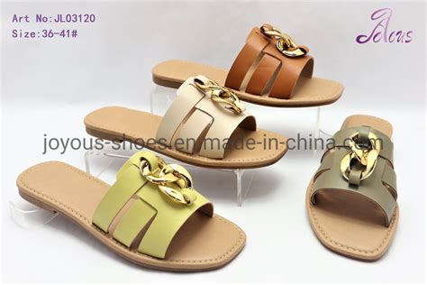 Women Shoes Ladies Pu Straps With Rivet Buckle Flat Slides Slippers Sandals China Famale