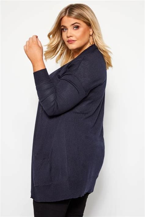 Navy Fine Knit Edge To Edge Rib Trim Cardigan With Pockets Plus Size