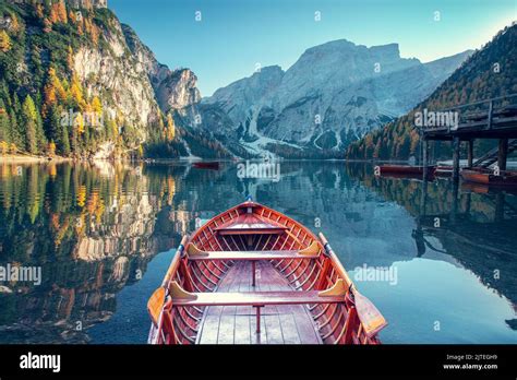 Boats On The Braies Lake Pragser Wildsee In Dolomites Mountains