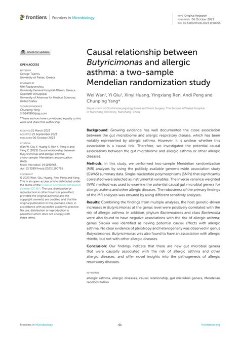 Pdf Causal Relationship Between Butyricimonas And Allergic Asthma A