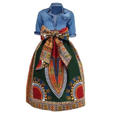 Naya African Print Dashiki Midi Skirt With Sash Green African Print