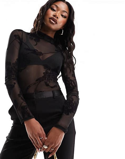 Asos Design High Neck Long Sleeve Mesh Bodysuit With Lace Flocking In