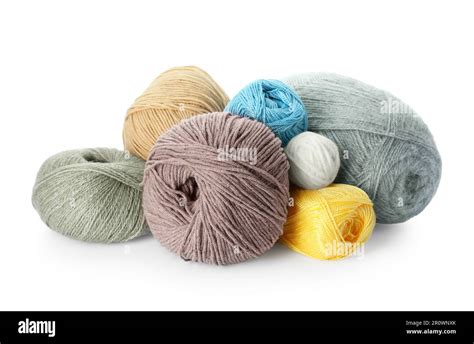 Different Balls Of Woolen Knitting Yarns On White Background Stock