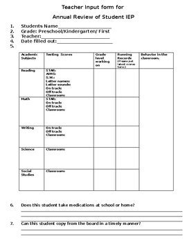 Teacher Input Form For Annual Review Of An IEP By Simply Intervention