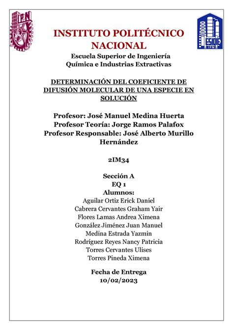 Practica De Difusion Molecular Eq Instituto Polit Nacional Escuela