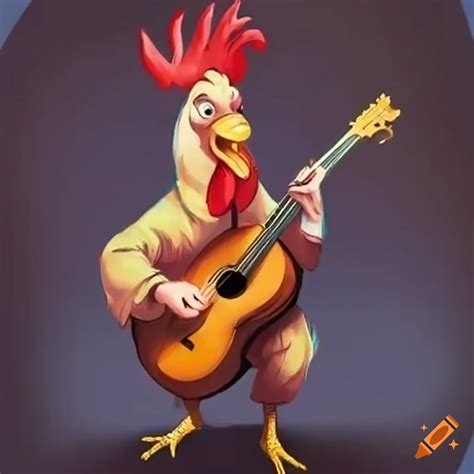 Cartoon Rooster Playing Guitar And Pig Dancing With Musical Notes On