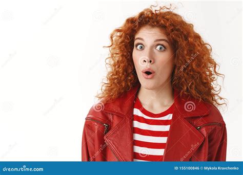 Close Up Wondered Surprised Redhead Attractive Curly Haired Girl Blue