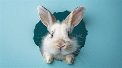 Fluffy Easter Bunny Peeking From Blue Wall Happy Easter Concept Stock