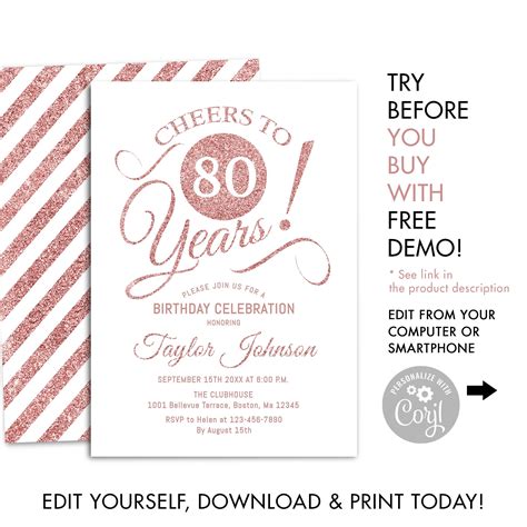 80th Birthday Party Invitation Instant Download Diy Digital Etsy Uk