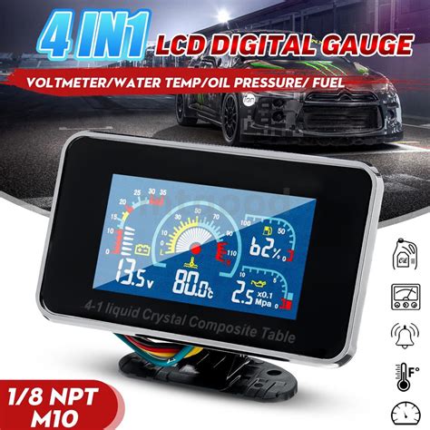 4 In 1 LCD Car Digital Alarm Gauge Voltmeter Oil Pressure Fuel Water