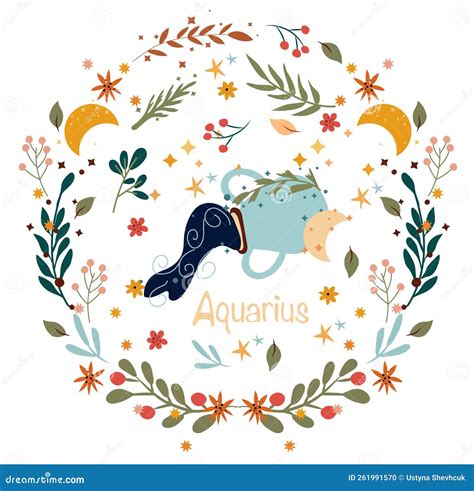 Aquarius Zodiac In A Colorful Wreath Of Leaves Flowers And Stars