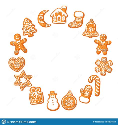 Christmas Gingerbread Cookies Round Frame Hand Drawn Vector