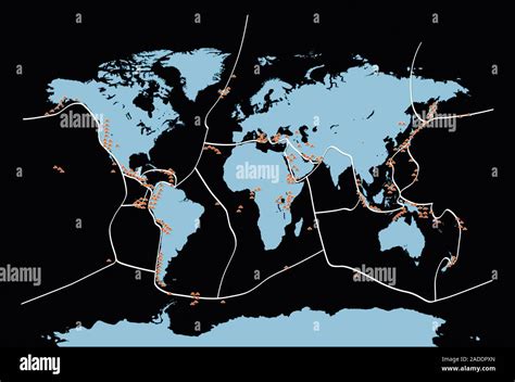 Earth's volcanoes and fault lines. Map of the Earth showing the ...