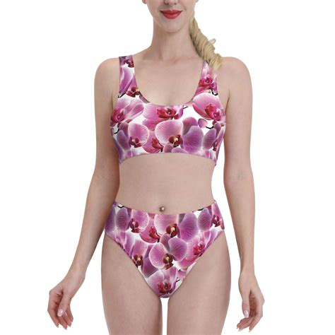 High Waisted Bikini Sets For Women Pueple Orchids Flowers Piece