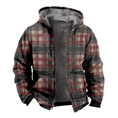 Mens Fleece Jacket Retro Buffalo Plaid Graphics Full Zip Hoodie Jacket For Menwinter Warm Cozy