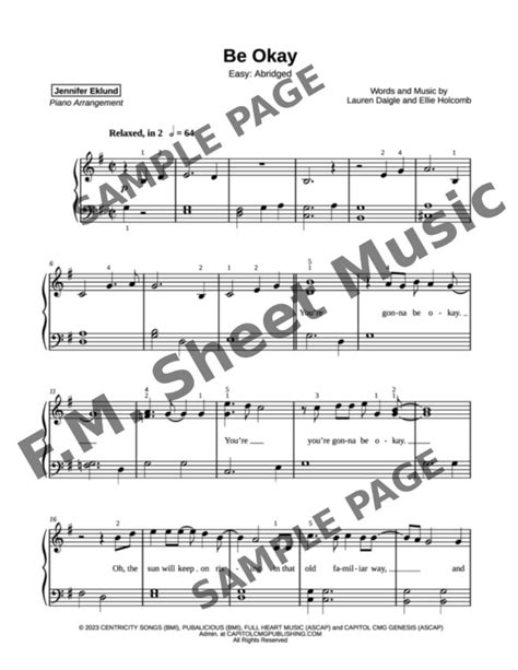 Be Okay (Easy Piano) By Lauren Daigle - F.M. Sheet Music - Pop ...