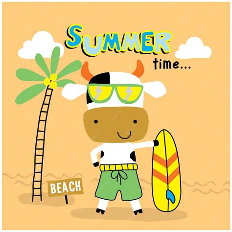 Premium Vector | Cow on the beach funny animal cartoon