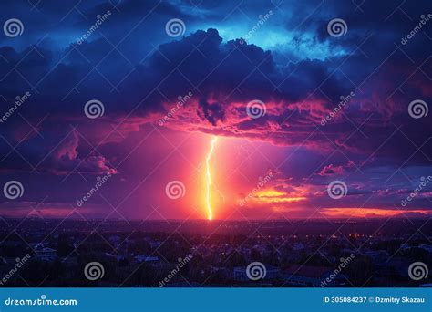 Lightning Storm Over City In Purple Light Stock Illustration