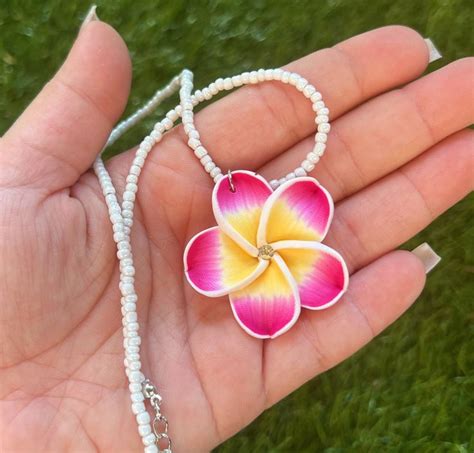 Hawaiian Plumeria Flower Beaded Pendant Necklace Diamond With Matching