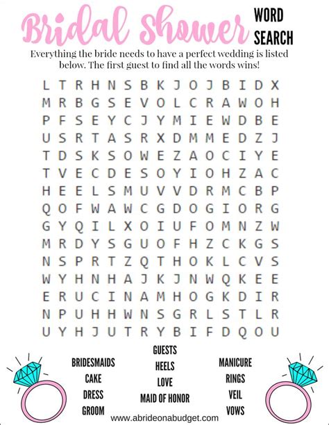 The Bridal Shower Word Search Is Shown In Pink And White With Words