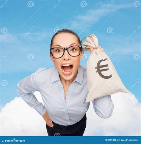 Amazed Businesswoman Holding Money Bag With Euro Stock Image Image Of