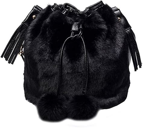 Women Faux Fur Shoulder Bag Handbag Bucket Bag Drawstring Bag Cross Body Bagblack Handbags