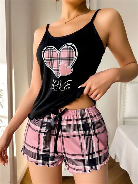 Conjunto De Pijama De Cami Top Y Shorts Con Estampado De Cuadros Y