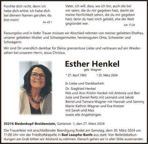 Traueranzeigen Von Esther Henkel Vrm Trauer De