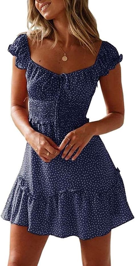 Hulday Gesmoktes Kleid Damen Polka Dot Blumenmuster Spaghetti