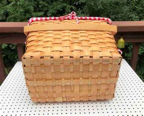 Vintage Large Wood Slat Picnic Basket With Red And Gem