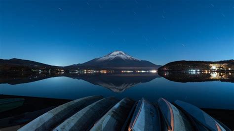 Night View Of Mount Fuji From Lake Yamanaka Yamanashi Prefecture