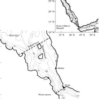 Map of the Strait of Bab el Mandeb and Red Sea (top right). The unit of... | Download Scientific ...