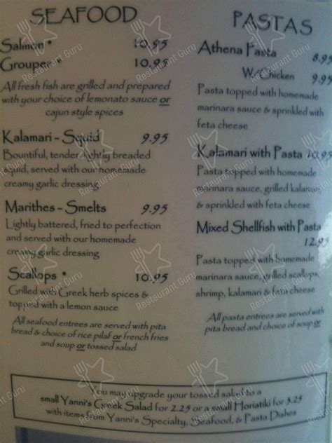 Menu at Yanni's Greek Restaurant, Columbus