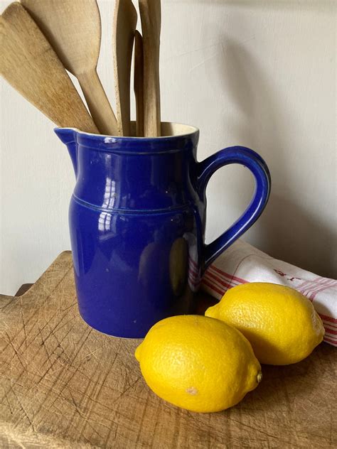 Lovely Vintage English Stoneware Pitcher Marked Gb Cobalt Blue And