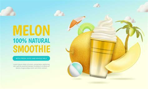 Realistic Detailed 3d Melon Natural Smoothie Ads Banner Concept Poster