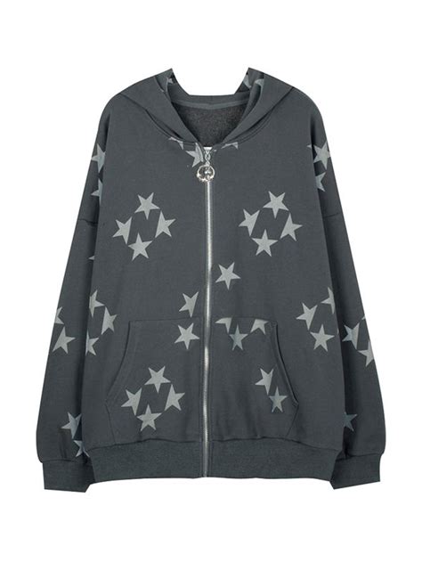 Oversized Star Print Zip Up Hoodie Star Print Trendy Jackets Vintage Preppy